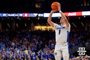 Creighton Bluejay guard Steven Ashworth (1) makes a three point shot against the Nebraska Cornhuskers during a college basketball game Friday, November 22, 2024 in Omaha, Nebraska. Photo by John S. Peterson.