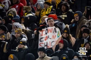 Nebraska Cornhuskers fan shares his thoughts on Corn against the Iowa Hawkeyes during a college football game Friday, November 29, 2024, in Iowa City, Iowa. Photo by John S. Peterson.