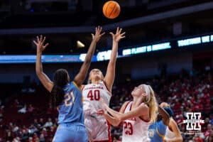 Nebraska Cornhusker center Alexis Markowski (40) makes a layup against Southern Lady Jaguar center Tionna Lidge (21) in the second half during a college basketball game Tuesday, November 12, 2024, in Lincoln, Nebraska. Photo by John S. Peterson.