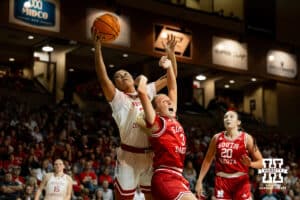 Nebraska Cornhusker guard Amiah Hargrove (33) grabs a rebound against South Dakota Coyote guard Coral Mason (3) during a college women's basketball game Saturday, November 16, 2024 in Sioux Falls, South Dakota. Photo by Collin Stilen.