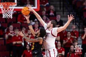 ebraska Cornhusker forward Berke Buyuktuncel (9) blocks a lay up agaisnt Bethune-Cookman Wildcat guard Brayon Freeman (2) in the second half during a college baskteball game Saturday, November 9, 2024, in Lincoln, Nebraska. Photo by John S. Peterson.