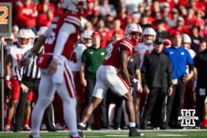 Nebraska Cornhusker wide receiver Isaiah Neyor (18) lines up ready to run his pass route against the Wisconsin Badgers during a college football game Saturday, November 23, 2024 in Lincoln, Nebraska. Photo by John S. Peterson.