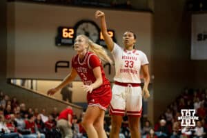 Nebraska Cornhusker guard Amiah Hargrove (33) takes a shot against South Dakota Coyote guard Coral Mason (3) during a college women's basketball game Saturday, November 16, 2024 in Sioux Falls, South Dakota. Photo by Collin Stilen.