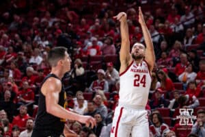 Nebraska Cornhusker guard Rollie Worster (24) makes a three point shot against the Bethune-Cookman Wildcats in the second half during a college baskteball game Saturday, November 9, 2024, in Lincoln, Nebraska. Photo by John S. Peterson.