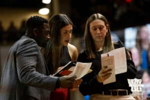 Nebraska Cornhuskers coaches checking stats against the South Dakota Coyotes during a college women's basketball game Saturday, November 16, 2024 in Sioux Falls, South Dakota. Photo by Collin Stilen.