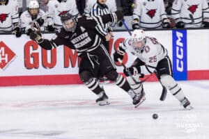 Omaha Maverick forward Cameron Mitchell (25) during a college hockey match against Western Michigan Friay, November 8, 2024 in Omaha, Nebraska. Photo by Jaelle Johnson.