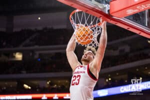 Nebraska Cornhusker forward Andrew Morgan (23) makes a dunk against the Bethune-Cookman Wildcats in the second half during a college baskteball game Saturday, November 9, 2024, in Lincoln, Nebraska. Photo by John S. Peterson.