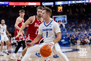 Creighton Bluejay guard Steven Ashworth (1) dribbles the ball against Nebraska Cornhusker guard Sam Hoiberg (1) in the second half during a college basketball game Friday, November 22, 2024 in Omaha, Nebraska. Photo by John S. Peterson.