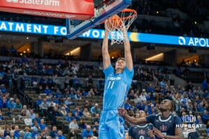 Ryan Kalkbrenner goes up for a dunk during a college basketball game November 10th, 2024 in Omaha Nebraska. Photo by Brandon Tiedemann.