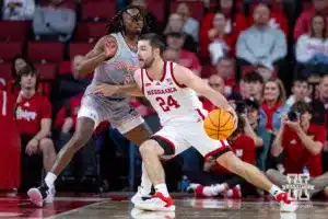 Nebraska Cornhusker guard Rollie Worster (24) drives to the basket against UT Rio Grande Valley Vaqueros guard DK Thorn (3) in the second half during a college baskteball game Monday, November 4, 2024, in Lincoln, Nebraska. Photo by John S. Peterson.