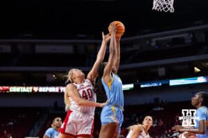 Nebraska Cornhusker center Alexis Markowski (40) reaches for the rebound against the Southern Lady Jaguars in the second half during a college basketball game Tuesday, November 12, 2024, in Lincoln, Nebraska. Photo by John S. Peterson.