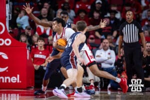 Nebraska Cornhusker guard Brice Williams (3) drives to the basket against the Fairleigh Dickinson Knights in the second half during a college basketball game Wednesday, November 13, 2024, in Lincoln, Nebraska. Photo by John S. Peterson.