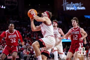 Nebraska Cornhuskers guard Sam Hoiberg (1) makes a layup against the South Dakota Coyotes in the first half during a college basketball game Wednesday, November 27, 2024, in Lincoln, Nebraska. Photo by John S. Peterson.