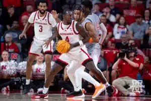 Nebraska Cornhusker forward Juwan Gary (4) drives to the basket against UT Rio Grande Valley Vaqueros guard Howie Fleming Jr. (5) in the second half during a college baskteball game Monday, November 4, 2024, in Lincoln, Nebraska. Photo by John S. Peterson.