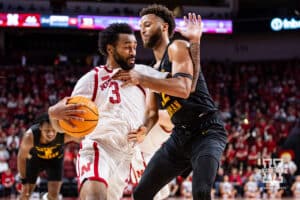 Nebraska Cornhusker guard Brice Williams (3) drives to the basket against Bethune-Cookman Wildcat Daniel Rouzan (22) in the second half during a college baskteball game Saturday, November 9, 2024, in Lincoln, Nebraska. Photo by John S. Peterson.