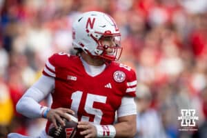 Nebraska Cornhusker quarterback Dylan Raiola (15) drops back to pass against the Wisconsin Badgers during a college football game Saturday, November 23, 2024 in Lincoln, Nebraska. Photo by John S. Peterson.