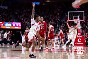 Nebraska Cornhuskers guard Ahron Ulis (2) beats the buzzer for a half court shot at halftime against the South Dakota Coyotes during a college basketball game Wednesday, November 27, 2024, in Lincoln, Nebraska. Photo by John S. Peterson.