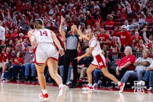 Nebraska Cornhusker guard Alberte Rimdal (5) celebrates making a three against the SE Louisiana Lady Lions in the second half during a women’s college baskteball game Saturday, November 9, 2024, in Lincoln, Nebraska. Photo by John S. Peterson.