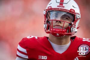 Nebraska Cornhusker quarterback Dylan Raiola (15) reacts to throwing an interception against the Wisconsin Badgers during a college football game Saturday, November 23, 2024 in Lincoln, Nebraska. Photo by John S. Peterson.