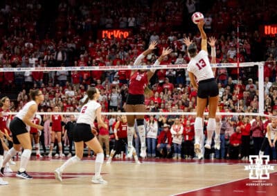 Nebraska Cornhusker outside hitter Merritt Beason (13) scores match point against the Wisconsin Badgers in the third set during a college volleyball match Saturday, November 23, 2024 in Lincoln, Nebraska. Photo by John S. Peterson.