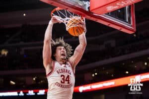 Nebraska Cornhuskers center Braxton Meah (34) dunks the ball against the South Dakota Coyotes in the second half during a college basketball game Wednesday, November 27, 2024, in Lincoln, Nebraska. Photo by John S. Peterson.