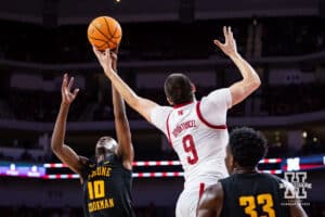 Nebraska Cornhusker forward Berke Buyuktuncel (9) reaches for the rebound against Bethune-Cookman Wildcat forward Kalil Camara (10) in the second half during a college baskteball game Saturday, November 9, 2024, in Lincoln, Nebraska. Photo by John S. Peterson.