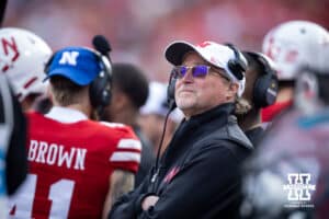 Nebraska Cornhuskers offensive coordiantor Dana Holgorsen watches the replay of the interception on the big screen against the Wisconsin Badgers during a college football game Saturday, November 23, 2024 in Lincoln, Nebraska. Photo by John S. Peterson.