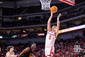 Nebraska Cornhusker guard Connor Essegian (0) makes a lay up against the Bethune-Cookman Wildcats in the second half during a college baskteball game Saturday, November 9, 2024, in Lincoln, Nebraska. Photo by John S. Peterson.