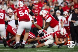 Nebraska Cornhusker quarterback Heinrich Haarberg (10) runs with the ball against the Wisconsin Badgers during a college football game Saturday, November 23, 2024 in Lincoln, Nebraska. Photo by John S. Peterson.