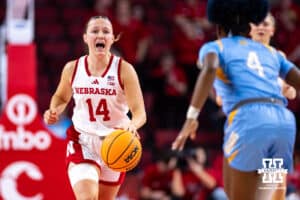 Nebraska Cornhusker guard Callin Hake (14) dribbles the ball against Southern Lady Jaguar guard DaKiyah Sanders (4) in the second half during a college basketball game Tuesday, November 12, 2024, in Lincoln, Nebraska. Photo by John S. Peterson.