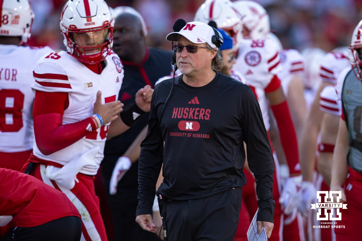 Nebraska Cornhuskers offensive coordinator Dana Holgorsen walking along the sideline against the USC Trojans during a college football game Saturday, November 16, 2024 in Los Angeles, California. Photo by John S. Peterson.