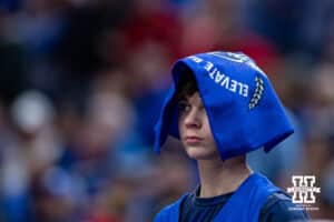 Creighton Bluejay fan watching the action on the court against the Nebraska Cornhuskers during a college basketball game Friday, November 22, 2024 in Omaha, Nebraska. Photo by John S. Peterson.