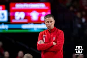 South Dakota Coyotes head coach Eric Peterson watches the action on the court against the Nebraska Cornhuskers in the second half during a college basketball game Wednesday, November 27, 2024, in Lincoln, Nebraska. Photo by John S. Peterson.