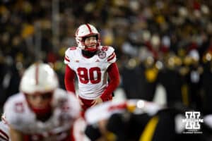 Nebraska Cornhuskers place kicker John Hohl (90) prepares to kick for a field against the Iowa Hawkeyes in the second half during a college football game Friday, November 29, 2024, in Iowa City, Iowa. Photo by John S. Peterson.