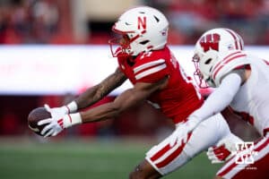 Nebraska Cornhusker wide receiver Jacory Barney Jr. (17) makes a catch against the Wisconsin Badgers in the first quarter during a college football game Saturday, November 23, 2024 in Lincoln, Nebraska. Photo by John S. Peterson.