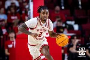 Nebraska Cornhuskers guard Ahron Ulis (2) dribbles the ball down the court against the South Dakota Coyotes in the second half during a college basketball game Wednesday, November 27, 2024, in Lincoln, Nebraska. Photo by John S. Peterson.