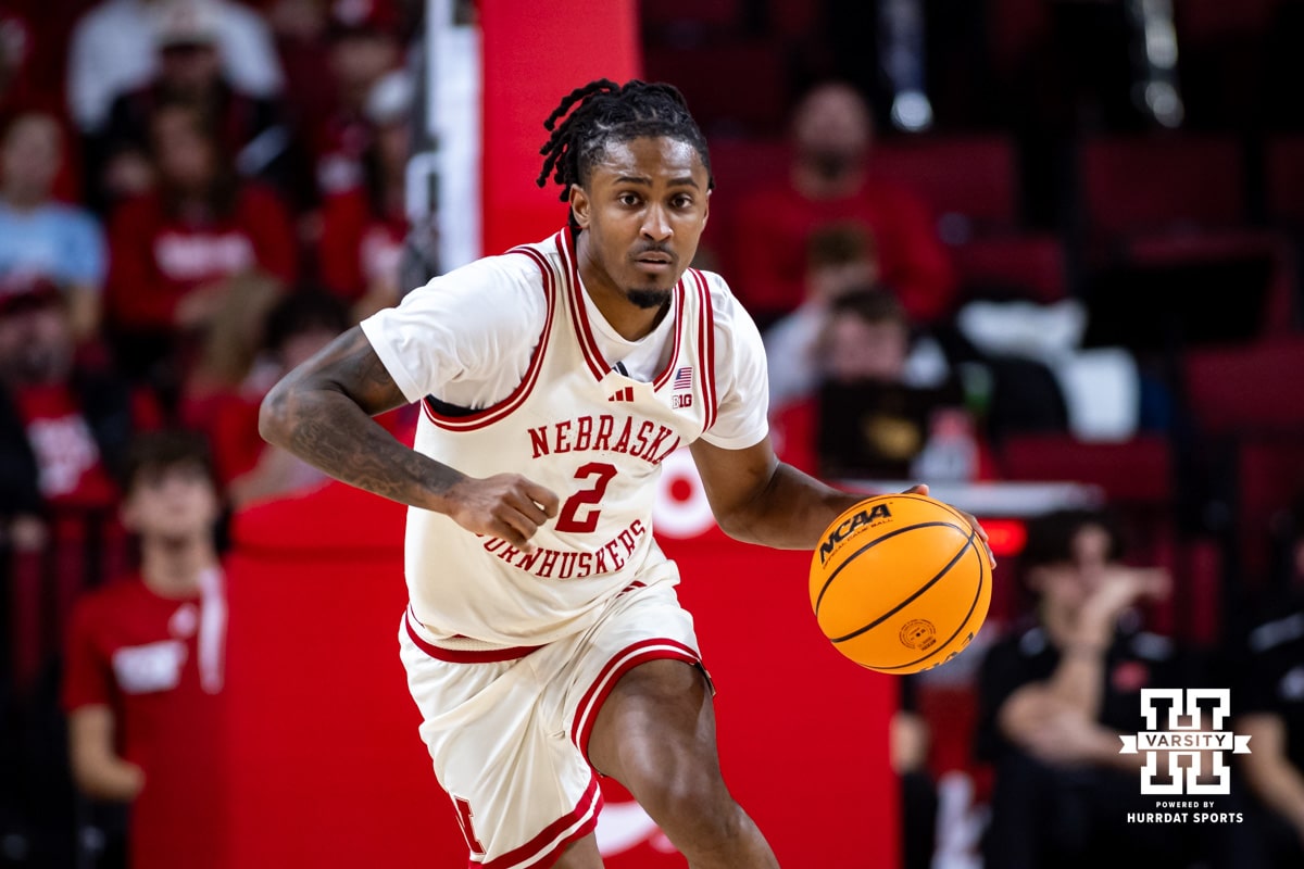 Nebraska Cornhuskers guard Ahron Ulis (2) dribbles the ball down the court against the South Dakota Coyotes in the second half during a college basketball game Wednesday, November 27, 2024, in Lincoln, Nebraska. Photo by John S. Peterson.