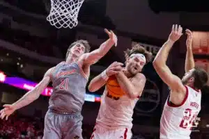 Nebraska Cornhusker forward Andrew Morgan (23)grabs the rebound against UT Rio Grande Valley Vaqueros forward Marshal Destremau (21) in the second half during a college baskteball game Monday, November 4, 2024, in Lincoln, Nebraska. Photo by John S. Peterson.