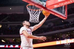 Nebraska Cornhusker forward Berke Buyuktuncel (9) makes a lay up against the Bethune-Cookman Wildcats in the second half during a college baskteball game Saturday, November 9, 2024, in Lincoln, Nebraska. Photo by John S. Peterson.