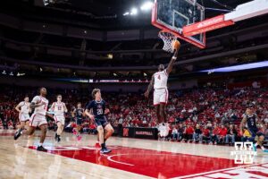 Nebraska Cornhusker forward Juwan Gary (4) makes a layup against the Fairleigh Dickinson Knights in the second half during a college basketball game Wednesday, November 13, 2024, in Lincoln, Nebraska. Photo by John S. Peterson.