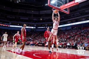 Nebraska Cornhuskers center Braxton Meah (34) dunks the ball against the South Dakota Coyotes in the second half during a college basketball game Wednesday, November 27, 2024, in Lincoln, Nebraska. Photo by John S. Peterson.