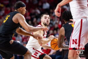 Nebraska Cornhusker guard Rollie Worster (24) dribbles the ball against the Bethune-Cookman Wildcats in the second half during a college baskteball game Saturday, November 9, 2024, in Lincoln, Nebraska. Photo by John S. Peterson.