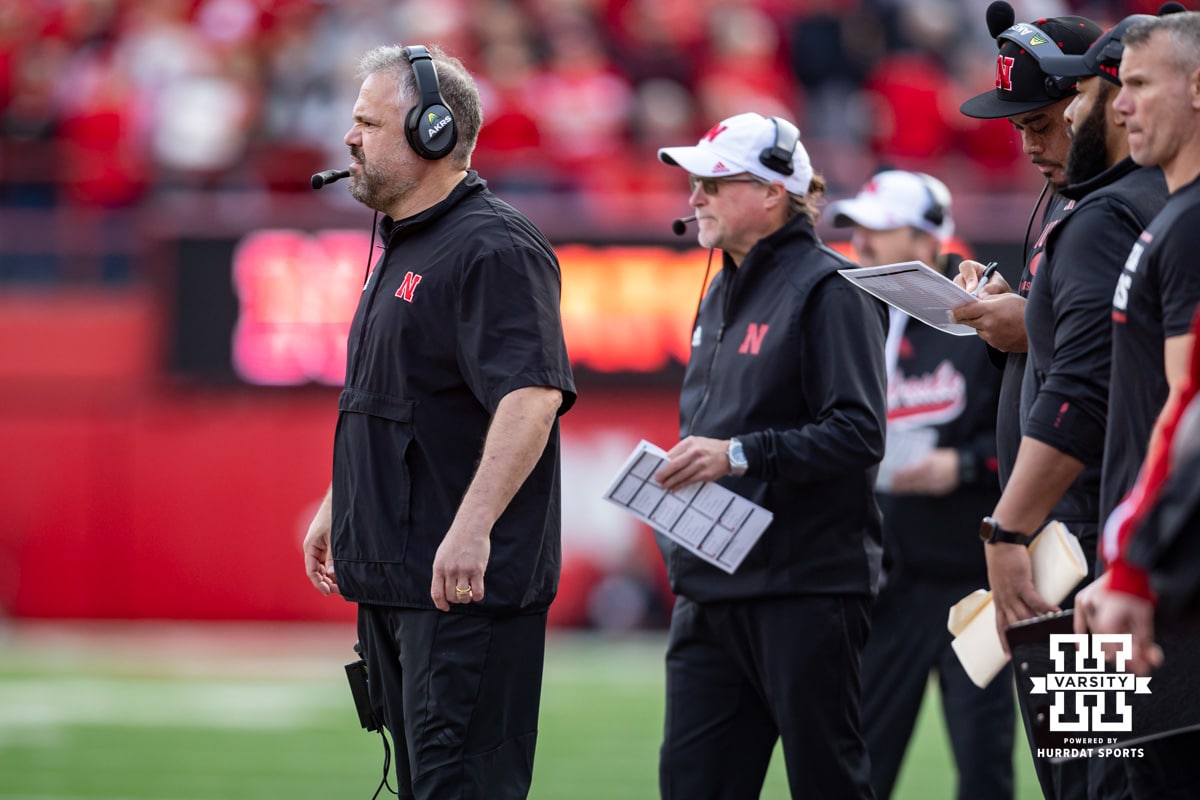 Nebraska Cornhusker head coach Matt Rhule watching the action on the field against the Wisconsin Badgers during a college football game Saturday, November 23, 2024 in Lincoln, Nebraska. Photo by John S. Peterson.