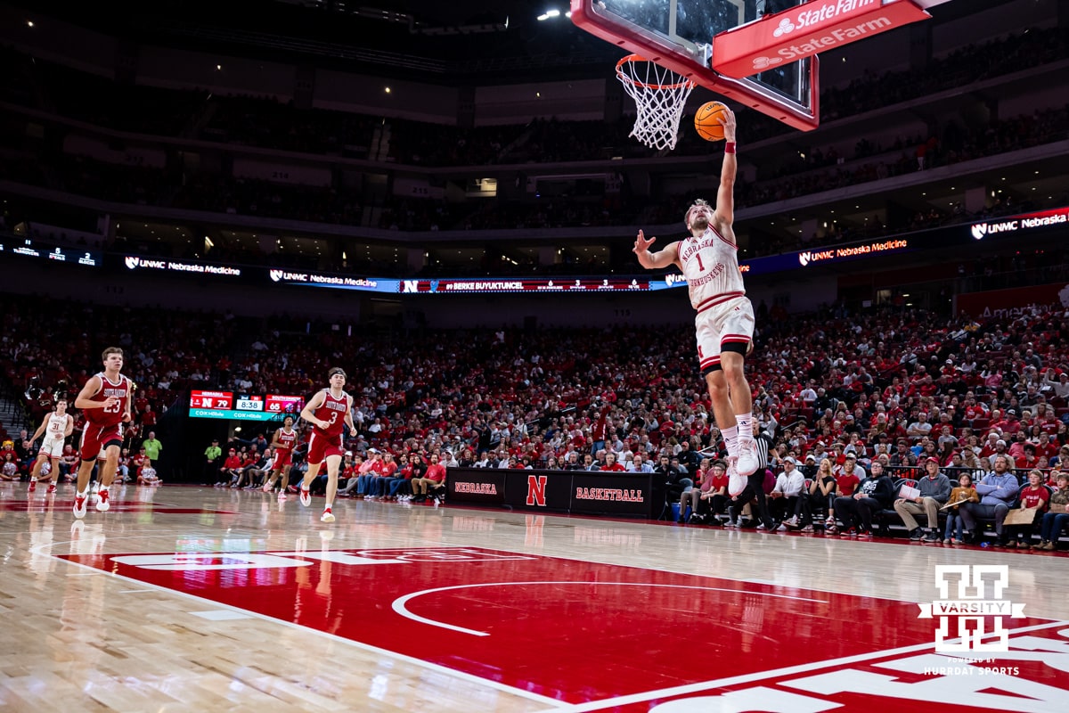 Nebraska Cornhuskers guard Sam Hoiberg (1) makes a layup from a fast break against the South Dakota Coyotes in the second half during a college basketball game Wednesday, November 27, 2024, in Lincoln, Nebraska. Photo by John S. Peterson.