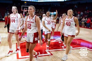 Nebraska Cornhuskers heads to the locker room after the win over the Southern Lady Jaguars during a college baskteball game Tuesday, November 12, 2024, in Lincoln, Nebraska. Photo by John S. Peterson.