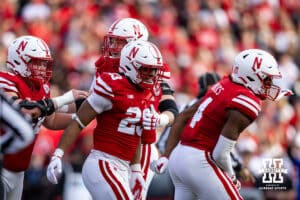 Nebraska Cornhuskers celebrates the touchdown by Dante Dowdell (23) against the Wisconsin Badgers in the second quarter during a college football game Saturday, November 23, 2024 in Lincoln, Nebraska. Photo by John S. Peterson.