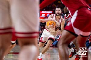 Nebraska Cornhuskers guard Rollie Worster (24) dribbles the ball against the South Dakota Coyotes in the second half during a college basketball game Wednesday, November 27, 2024, in Lincoln, Nebraska. Photo by John S. Peterson.