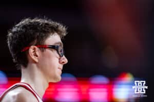 Nebraska Cornhusker guard Gavin Griffiths (12) standing in the corner at a break in the action against the Fairleigh Dickinson Knights in the second half during a college basketball game Wednesday, November 13, 2024, in Lincoln, Nebraska. Photo by John S. Peterson.