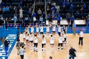 Creighton Bluejays celebrate the sweep over the St. John's Red Storm during a college volleyball match Friday, November 1, 2024 in Omaha Nebraska. Photo by Brandon Tiedemann.