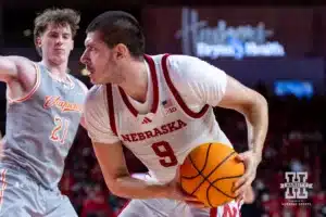 Nebraska Cornhusker forward Berke Buyuktuncel (9) looks to drive the baseline against UT Rio Grande Valley Vaqueros forward Marshal Destremau (21) in the second half during a college baskteball game Monday, November 4, 2024, in Lincoln, Nebraska. Photo by John S. Peterson.